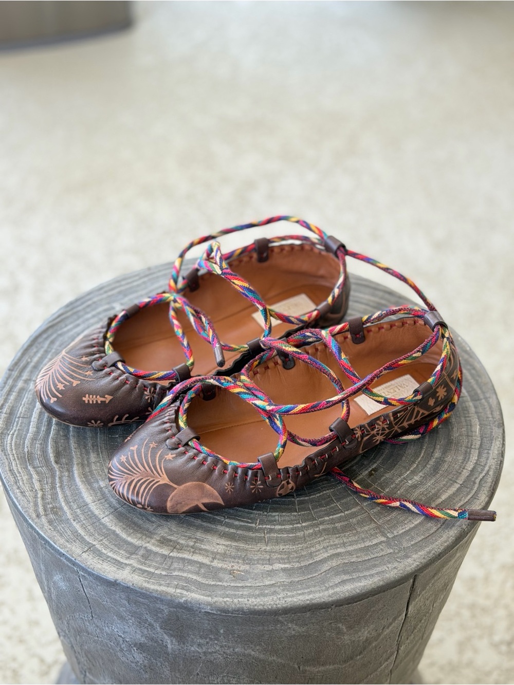 Valentino Garavani Tan Leather Ballet Flats with Multicolor Braided Laces
